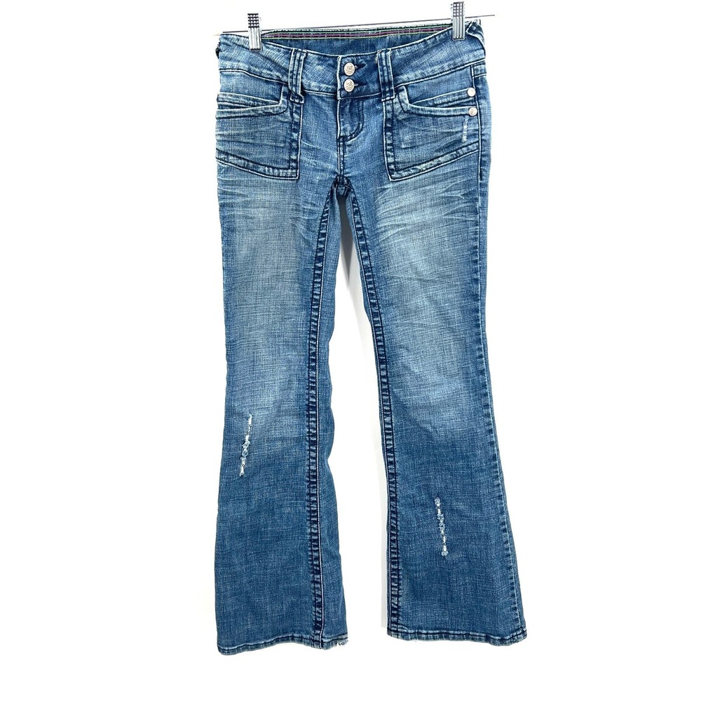vintage y2k YNQ low rise waist boot cut flare leg jeans medium wash 3 28